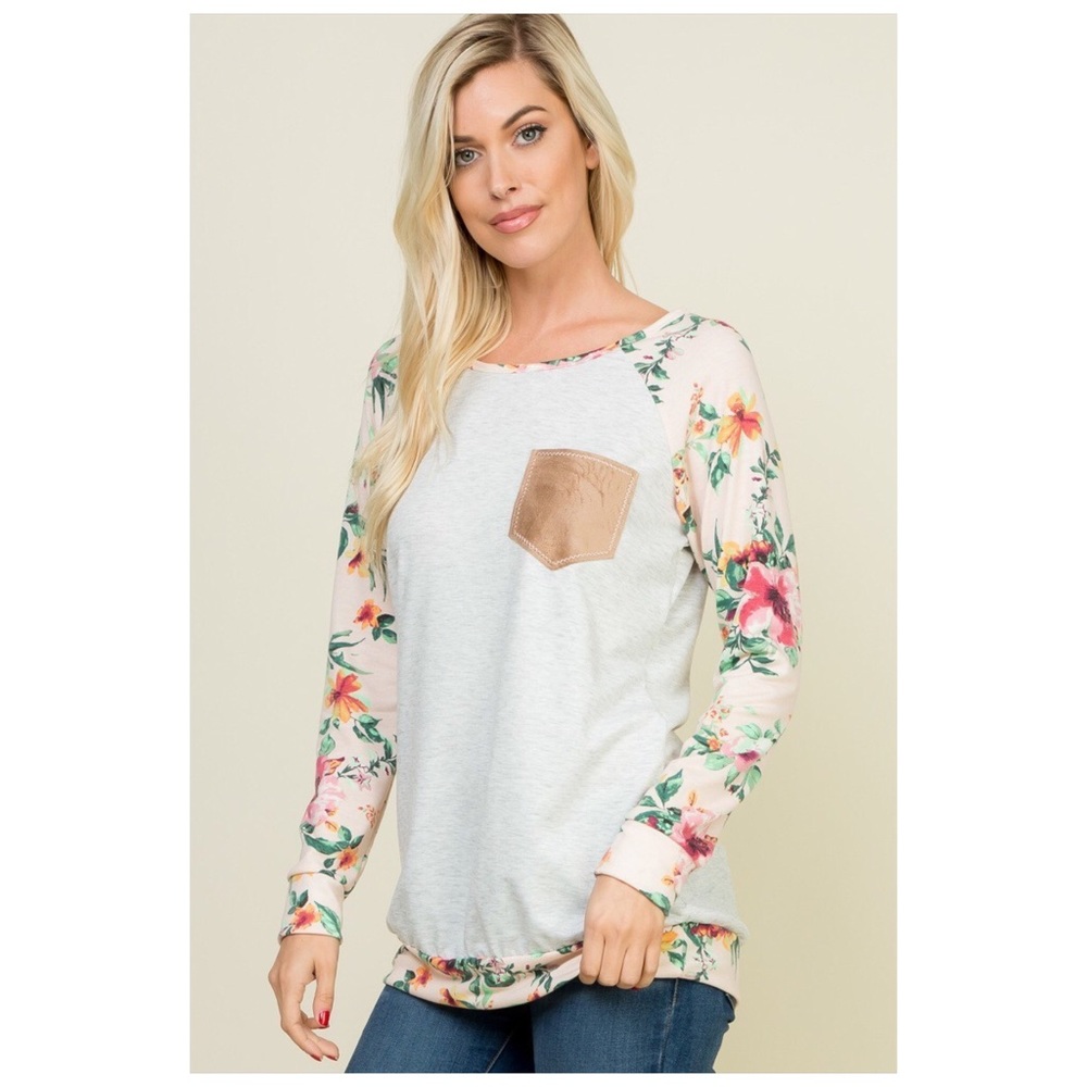 Plus French Terry Floral Print Suede Pocket Top! - Picture 7 of 15